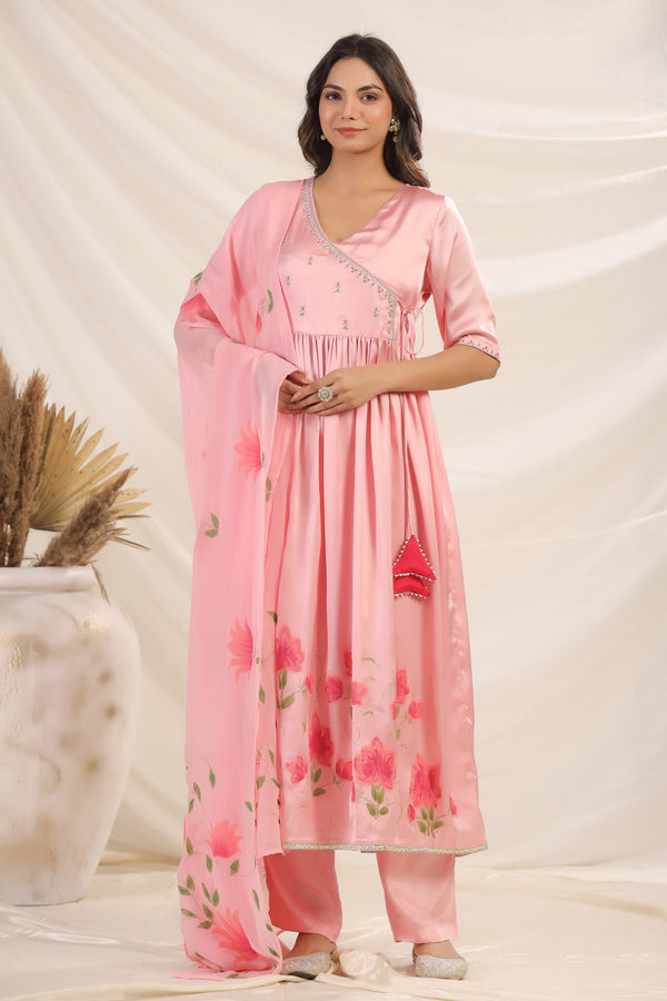 PINK HIBISCUS HANDPAINTED AGRAKHA SUIT SET